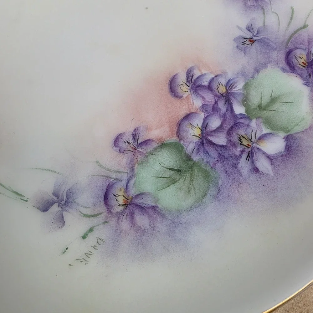 Antique Hutschenreuther Hand‎ Painted Porcelain Violet Cake Plate Gold Handles